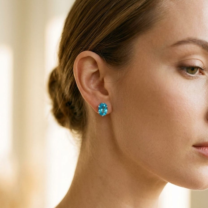 Blue Topaz Oval Stud Earrings in 14K White Gold - lifestyle