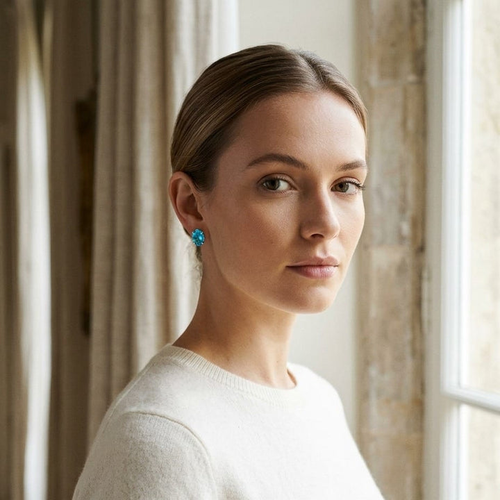 Blue Topaz Oval Stud Earrings in 14K White Gold - on model