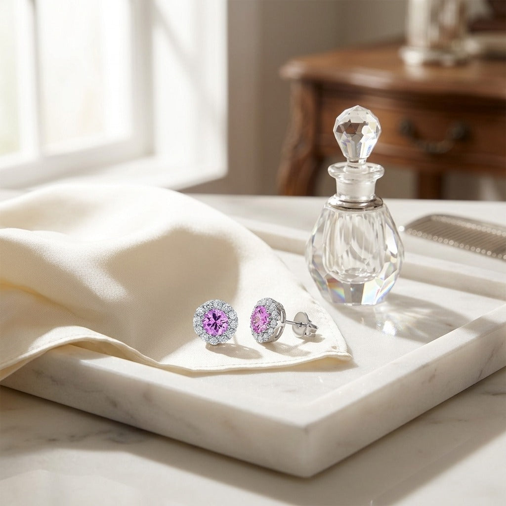 Pink Sapphire & Diamond Halo Earrings in 14K White Gold - editorial