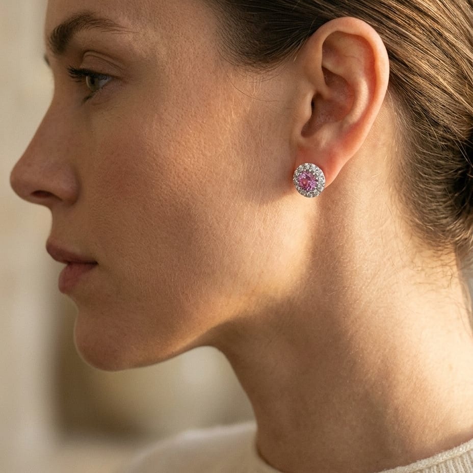Pink Sapphire & Diamond Halo Earrings in 14K White Gold - lifestyle