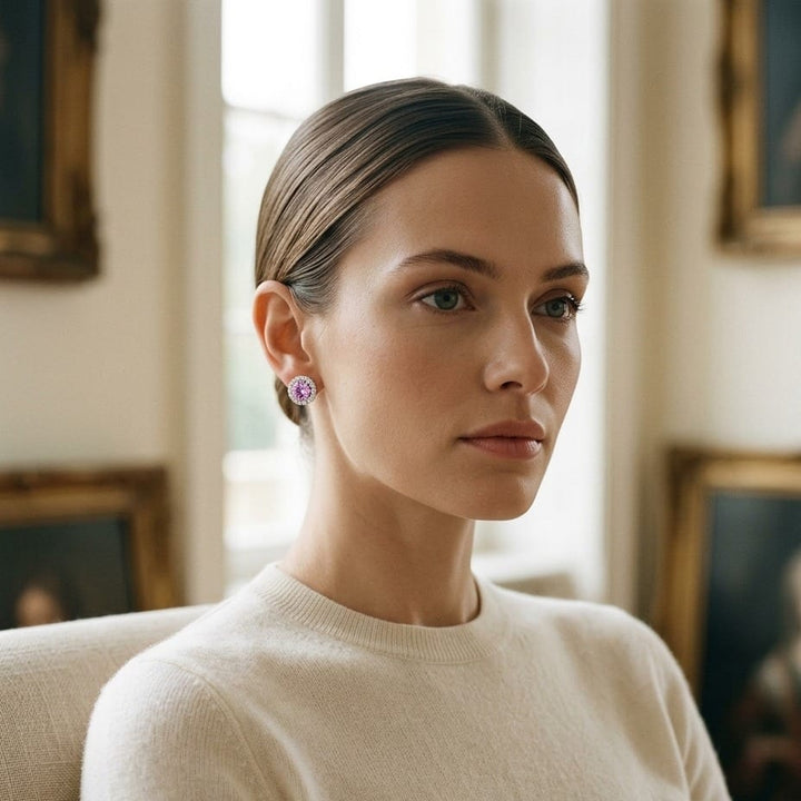 Pink Sapphire & Diamond Halo Earrings in 14K White Gold - on model