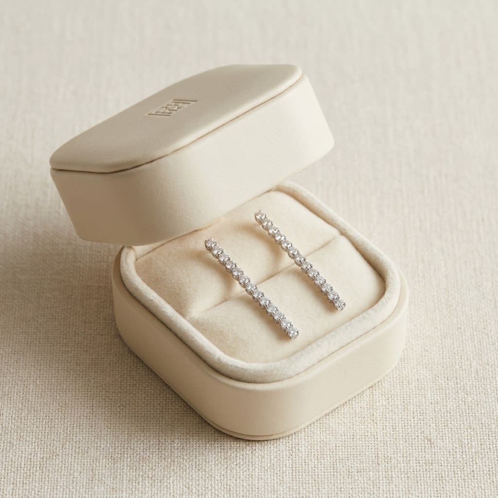 Diamond Linear Drop Earrings in 14K White Gold, in navy velvet jewelry box