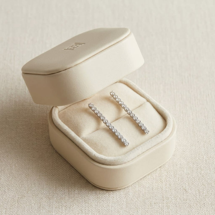 Diamond Linear Drop Earrings in 14K White Gold, in navy velvet jewelry box