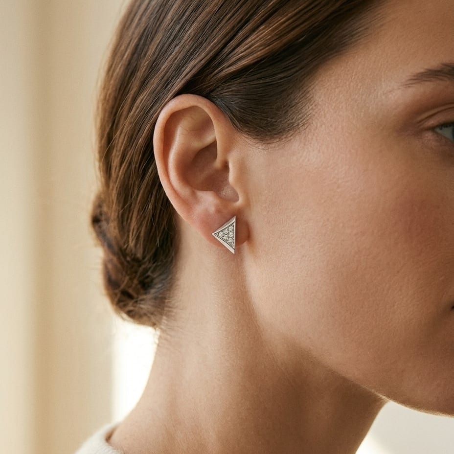 Micro Pave Triangle Stud Earrings in 14K White Gold - lifestyle