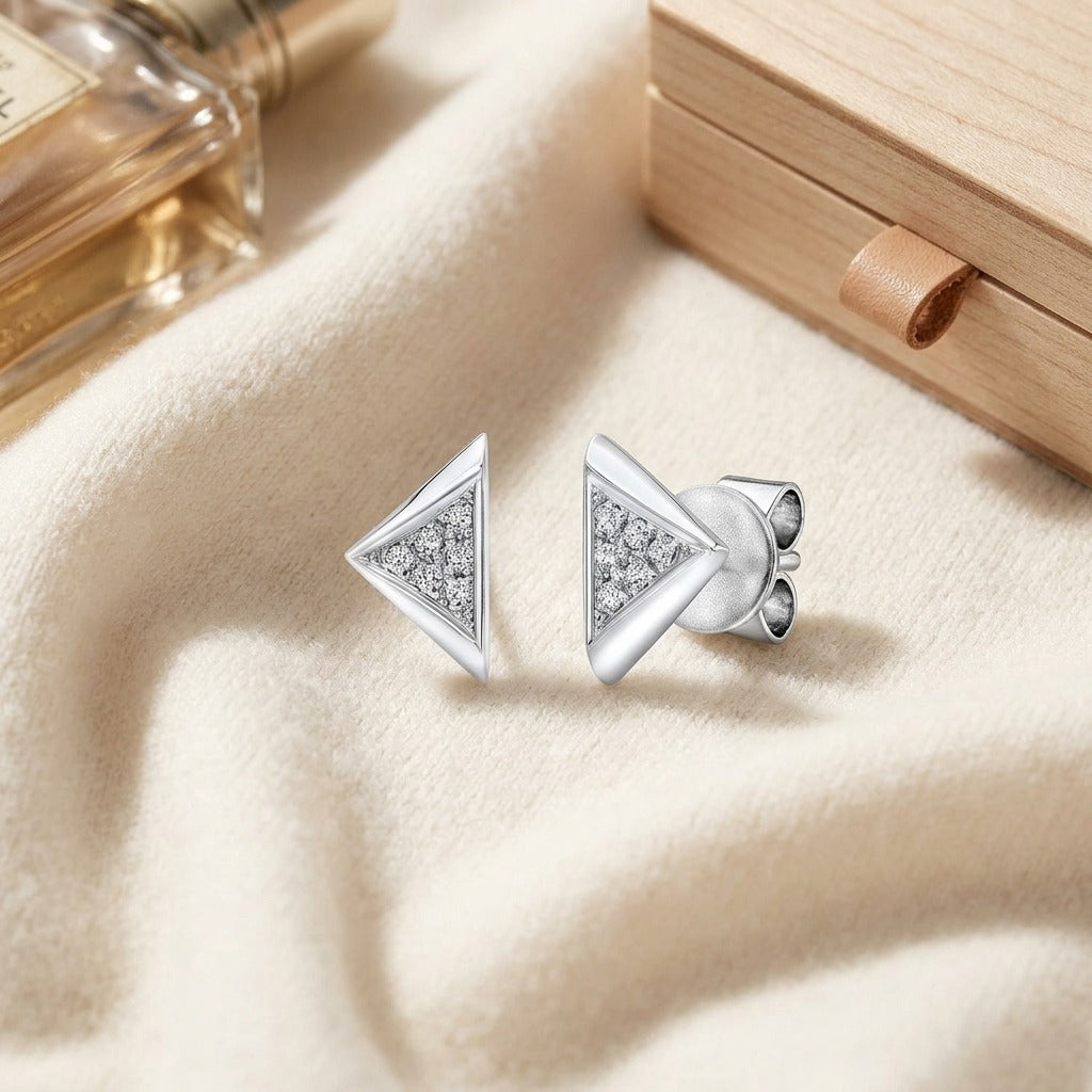 Micro Pave Triangle Stud Earrings in 14K White Gold - flat lay