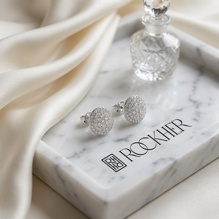 Natural Diamond Round Brilliant Stud Earrings in 14K White Gold, on marble vanity tray with silk