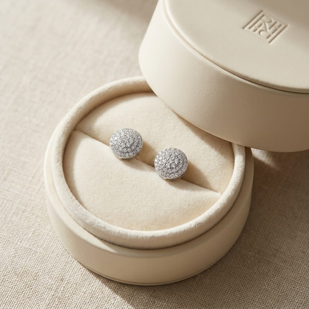 Natural Diamond Round Brilliant Stud Earrings in 14K White Gold, in navy velvet jewelry box