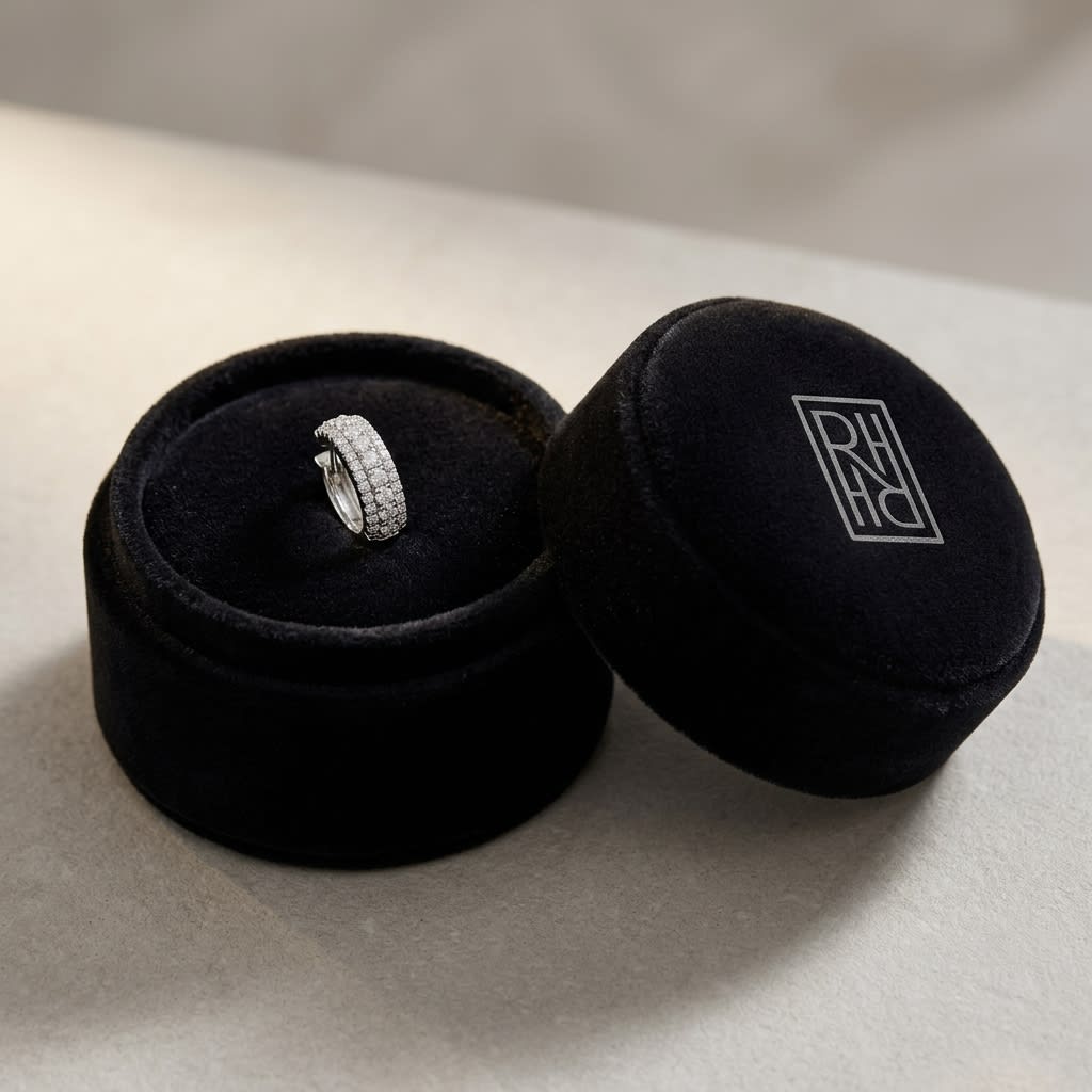 Diamond Pavé Hoop Earrings in 14K White Gold, in navy velvet jewelry box