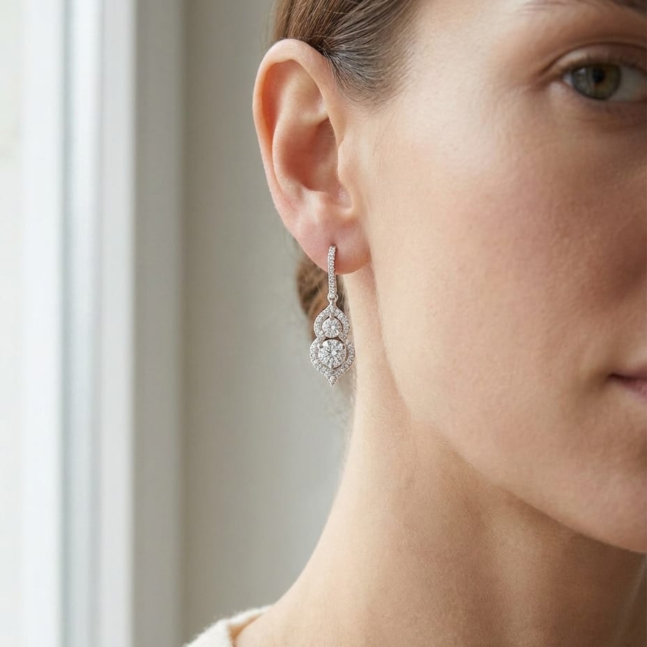 2 Stone Drop Earrings With Minaret Tips in 14K White Gold, worn close-up portrait