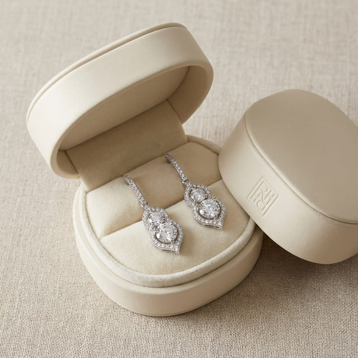 2 Stone Drop Earrings With Minaret Tips in 14K White Gold, in navy velvet jewelry box