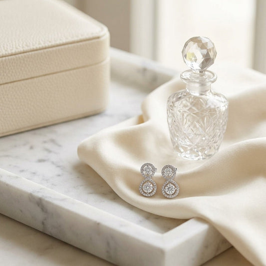 Double Diamond Infinity Pave Drop 2 Stone Earrings in 14K White Gold - editorial