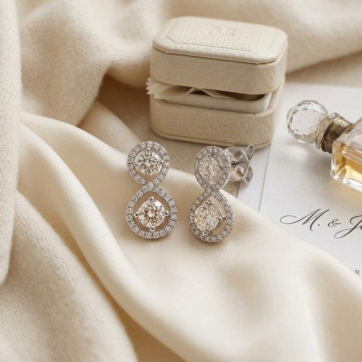Double Diamond Infinity Pave Drop 2 Stone Earrings in 14K White Gold - flat lay