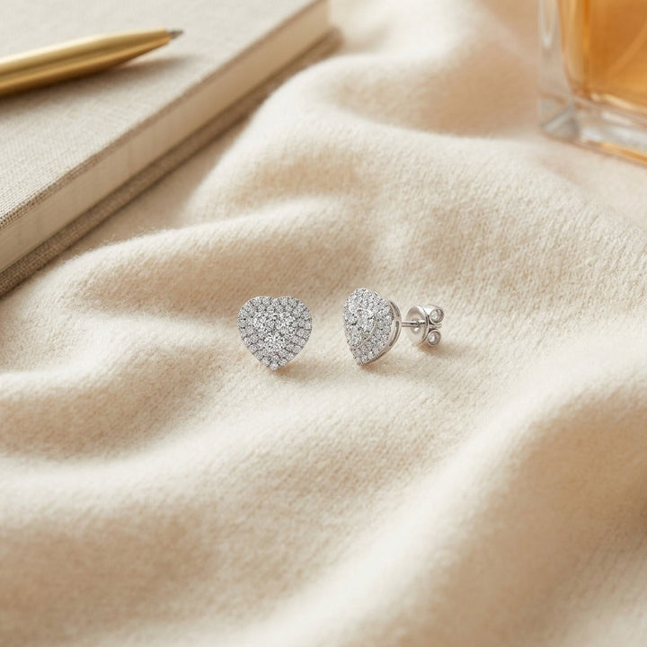 Diamond Cluster Heart Earrings 9/10ctw in 14K White Gold - flat lay