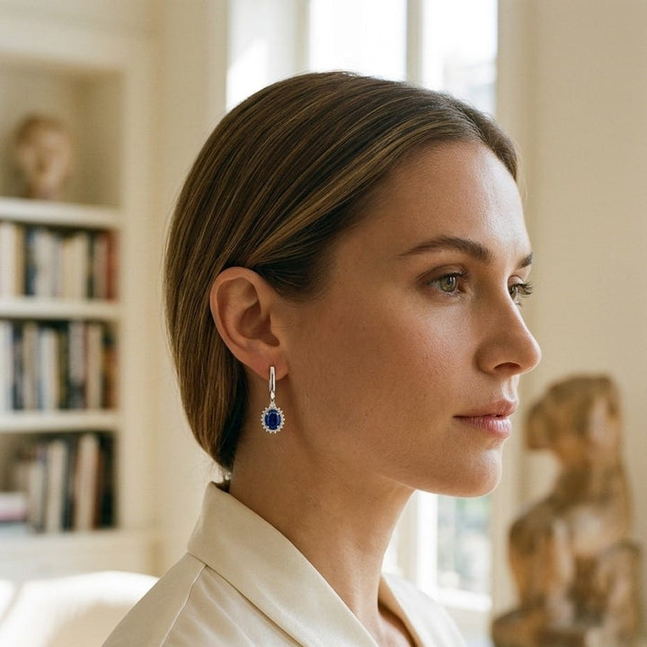 Sapphire Oval & Diamond Starburst Frame Earrings in 14K White Gold - lifestyle