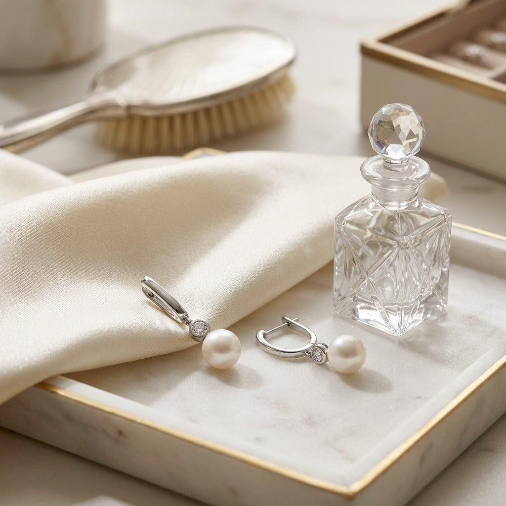 Akoya Pearl & Bezel Diamond Earrings 1/5ctw in 14K White Gold - editorial