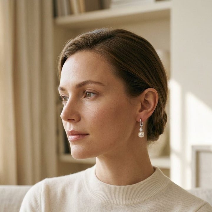 Akoya Pearl & Bezel Diamond Earrings 1/5ctw in 14K White Gold - lifestyle