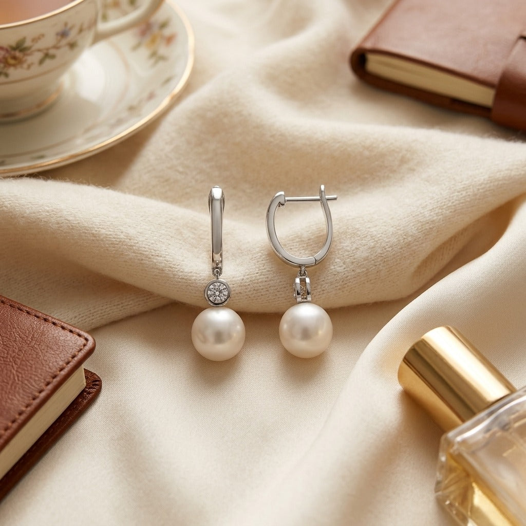Akoya Pearl & Bezel Diamond Earrings 1/5ctw in 14K White Gold - flat lay