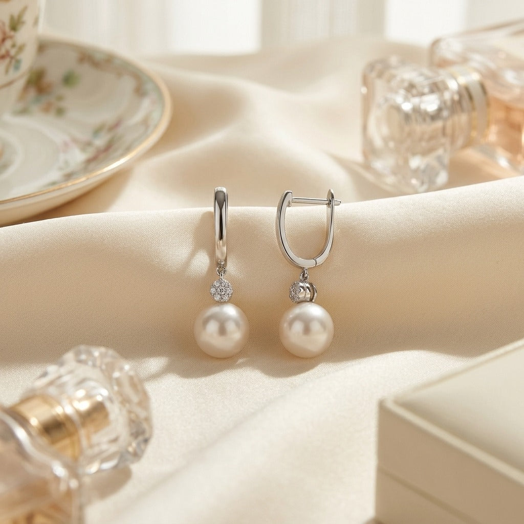Akoya Pearl & Diamond Dangle Earrings in 14K White Gold - flat lay