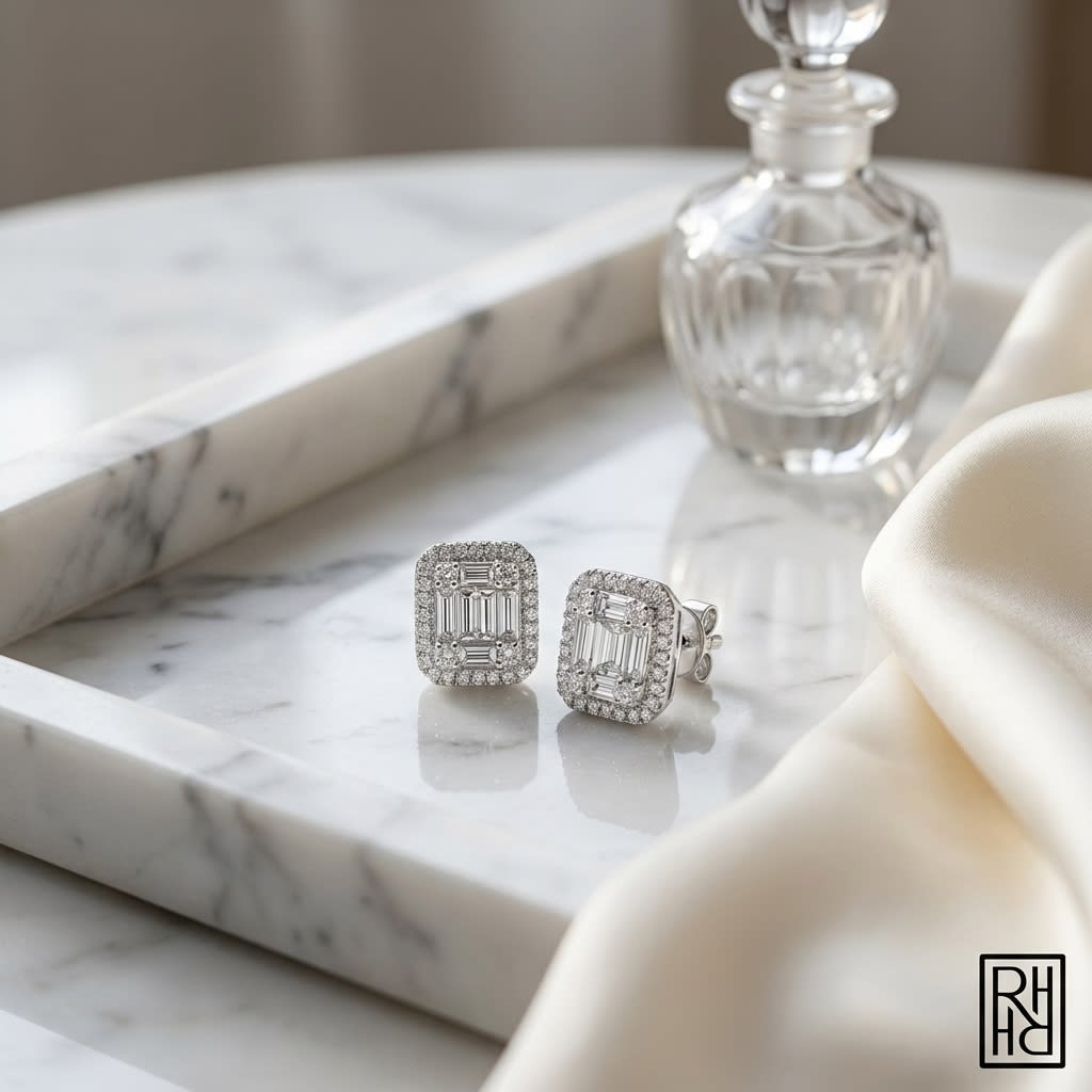 Emerald Round Brilliant Stud Earrings in 14K White Gold, on marble vanity tray with silk
