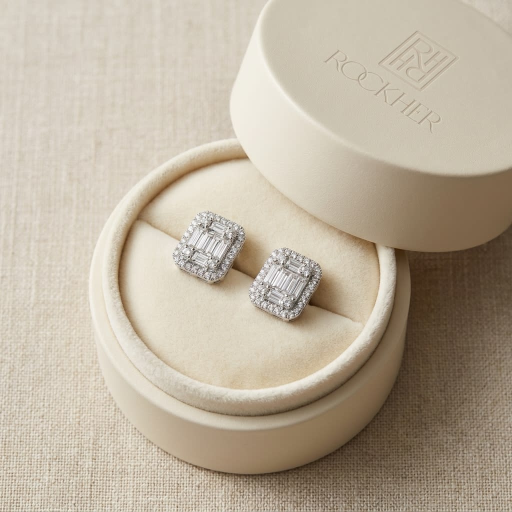 Emerald Round Brilliant Stud Earrings in 14K White Gold, in navy velvet jewelry box