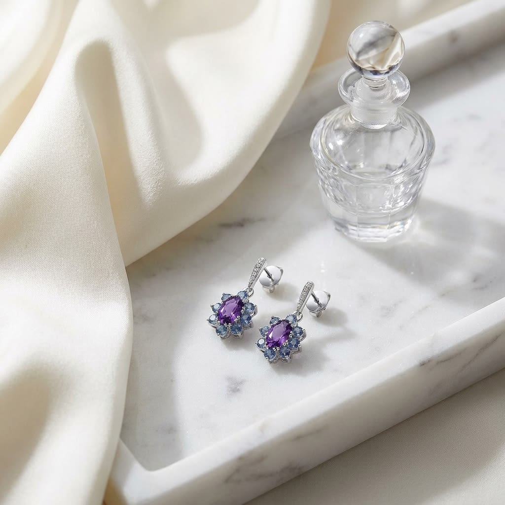 Amethyst, Iolite And Diamond Floral Drop Earrings in 14K White Gold, on marble vanity tray with silk
