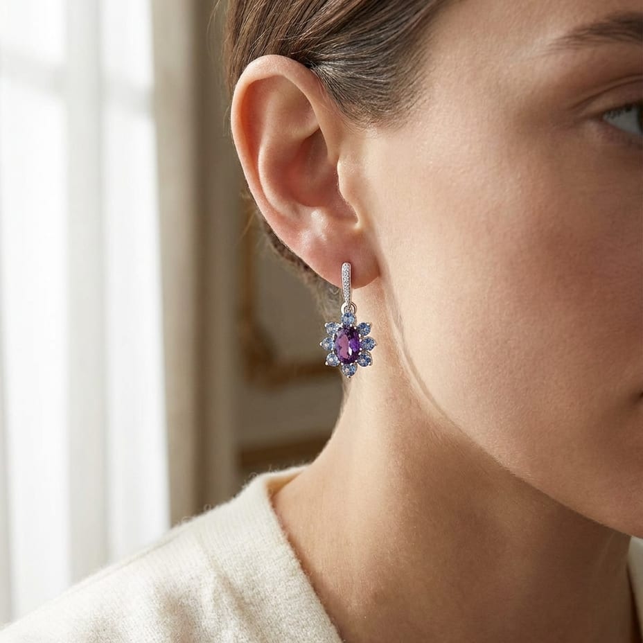 Amethyst, Iolite And Diamond Floral Drop Earrings in 14K White Gold, worn close-up portrait