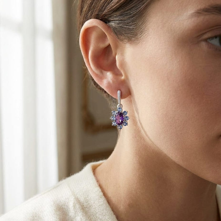 Amethyst, Iolite And Diamond Floral Drop Earrings in 14K White Gold, worn close-up portrait