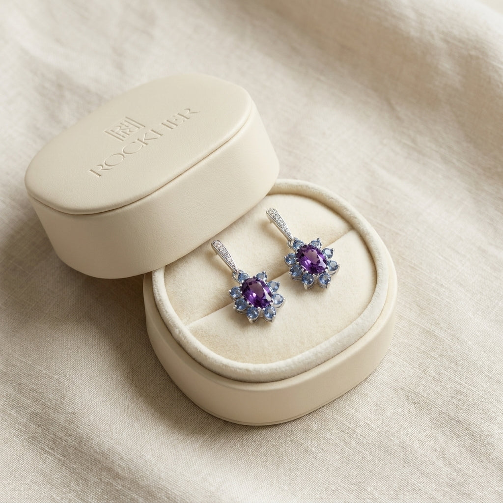Amethyst, Iolite And Diamond Floral Drop Earrings in 14K White Gold, in navy velvet jewelry box