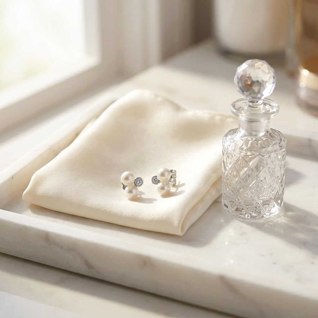 White Pearl & Diamond Bezel Duo Earring in 14K White Gold - editorial