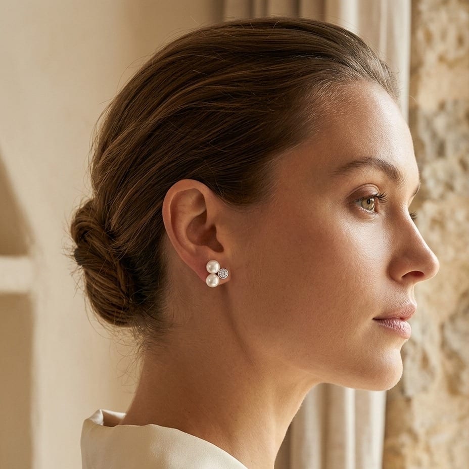 White Pearl & Diamond Bezel Duo Earring in 14K White Gold - lifestyle