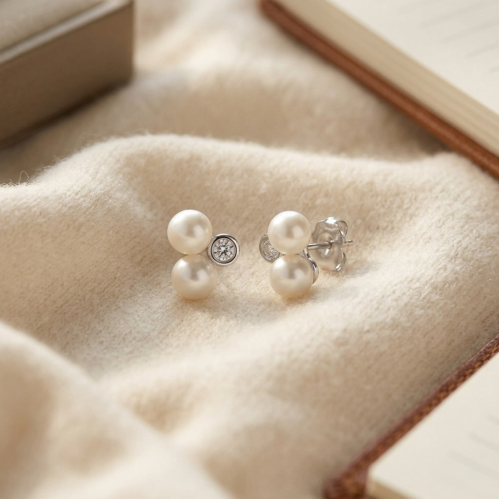 White Pearl & Diamond Bezel Duo Earring in 14K White Gold - flat lay