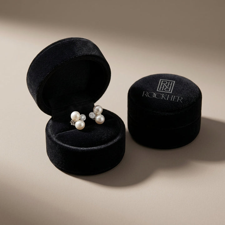 White Pearl & Diamond Bezel Duo Earring in 14K White Gold - presentation
