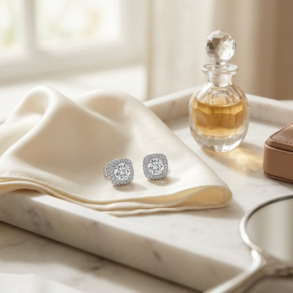 Diamond Pave Double Halo Earring in 14K White Gold - lifestyle
