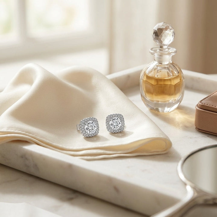 Diamond Pave Double Halo Earring in 14K White Gold - lifestyle