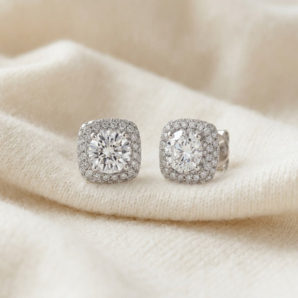Diamond Pave Double Halo Earring in 14K White Gold - flat lay