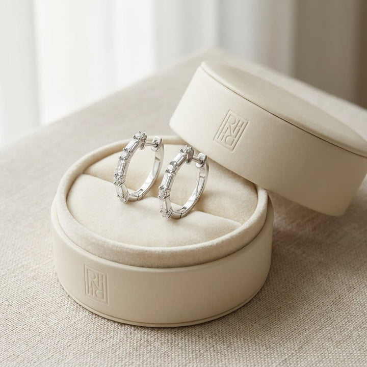 Diamond Baguette And Round Hoop Earrings in 14K White Gold, in navy velvet jewelry box