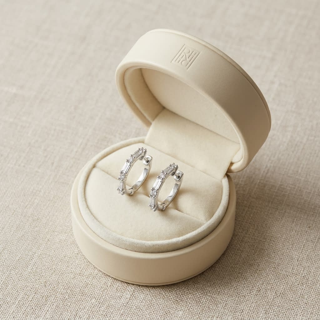 Diamond Baguette And Round Hoop Earrings in 14K White Gold, in navy velvet jewelry box
