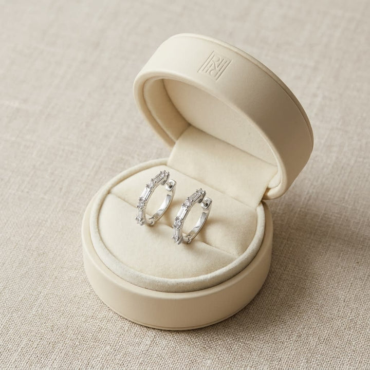 Diamond Baguette And Round Hoop Earrings in 14K White Gold, in navy velvet jewelry box