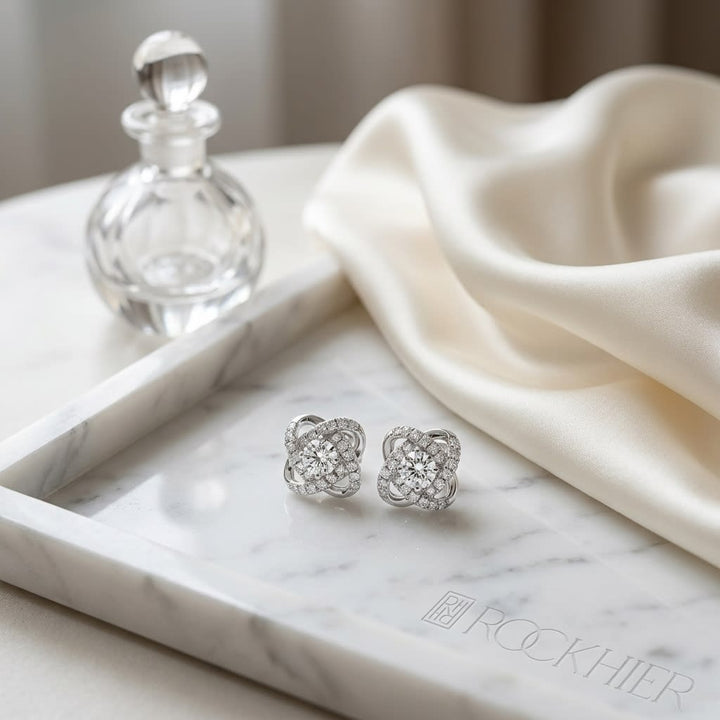 Natural Diamond Round Brilliant Stud Earrings in 14K White Gold, on marble vanity tray with silk