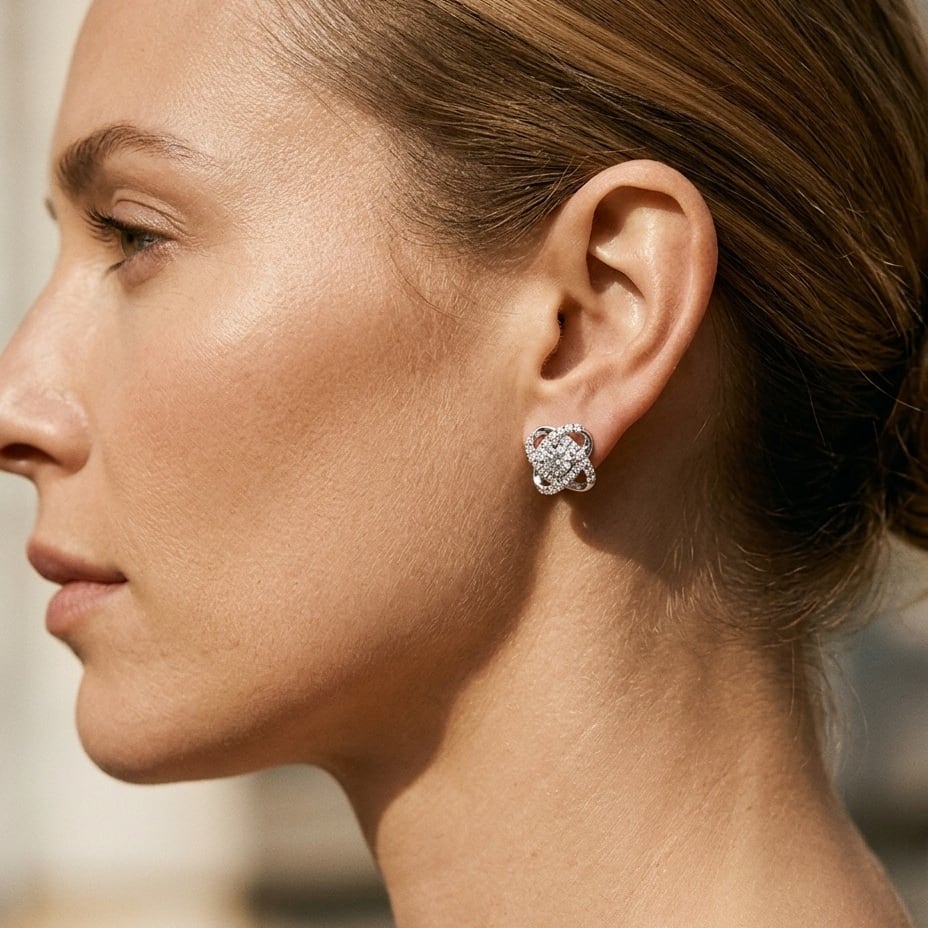 Diamond Pave Cross Knot Earrings with Round Centers in 14K White Gold - editorial