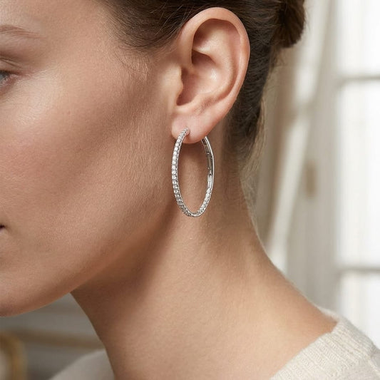 Diamond Pave Inside-out Hoop Earrings With Secure Closure in 14K White Gold, worn close-up portrait