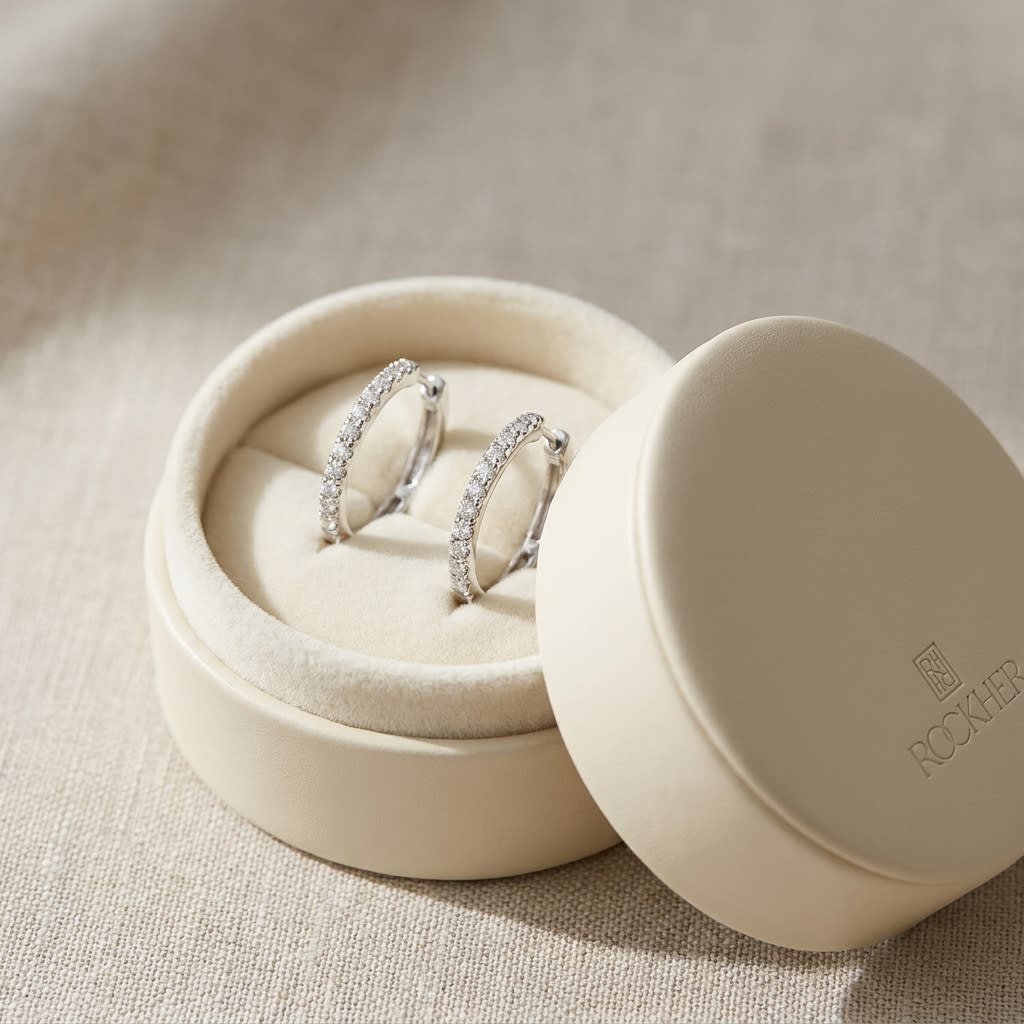 Diamond Pave Inside-out Hoop Earrings With Secure Closure in 14K White Gold, in navy velvet jewelry box