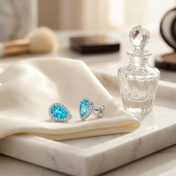 Blue Topaz & Diamond Halo Teardrop Earrings 0.18ctw in 14K White Gold - lifestyle