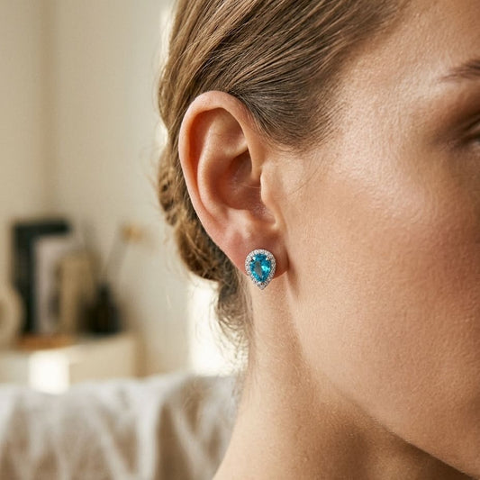 Blue Topaz & Diamond Halo Teardrop Earrings 0.18ctw in 14K White Gold - editorial
