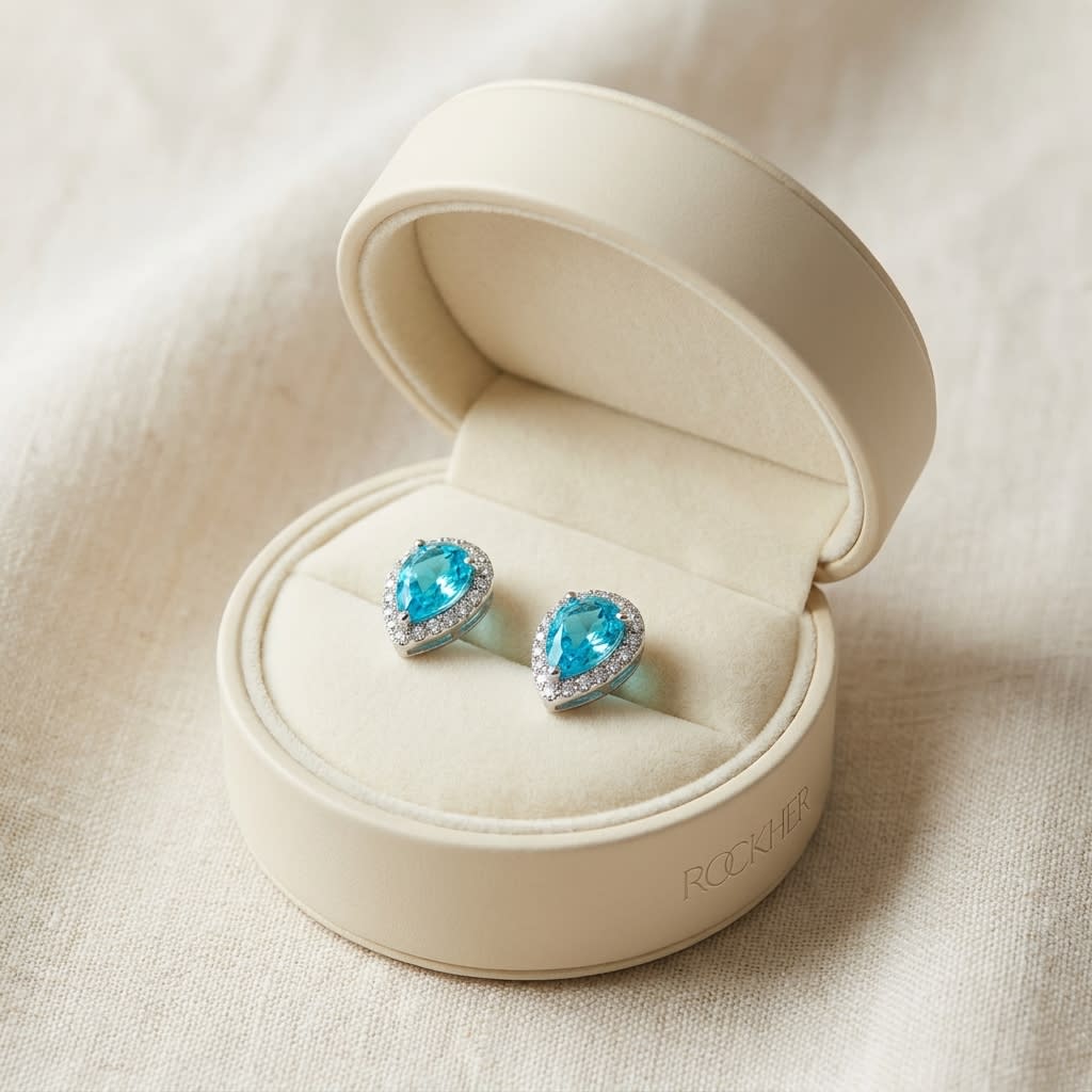 Swiss Blue Topaz Round Brilliant Stud Earrings in 14K White Gold, in navy velvet jewelry box