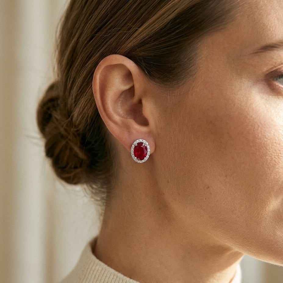 Ruby & Diamond Oval Halo Earrings 0.17ctw in 14K White Gold - lifestyle