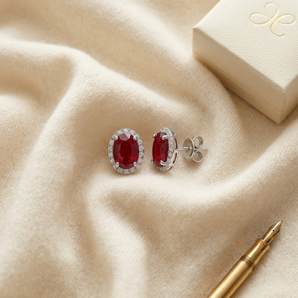 Ruby & Diamond Oval Halo Earrings 0.17ctw in 14K White Gold - flat lay