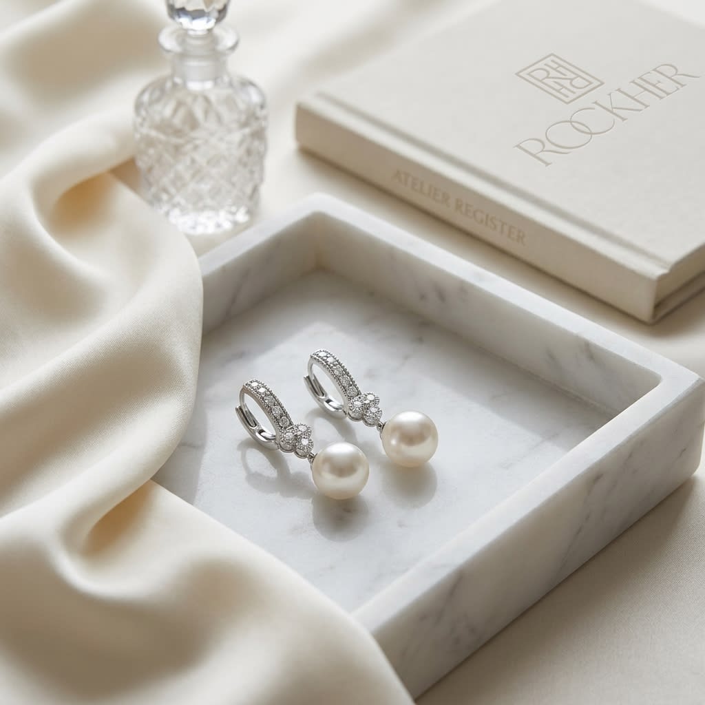 White Pearl And Diamond Dangle Earrings With Clover Top & Miillgrain Detail (8.0-8.5mm) (si), on marble vanity tray with silk