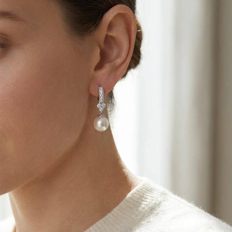 White Pearl And Diamond Dangle Earrings With Clover Top & Miillgrain Detail (8.0-8.5mm) (si), worn close-up portrait
