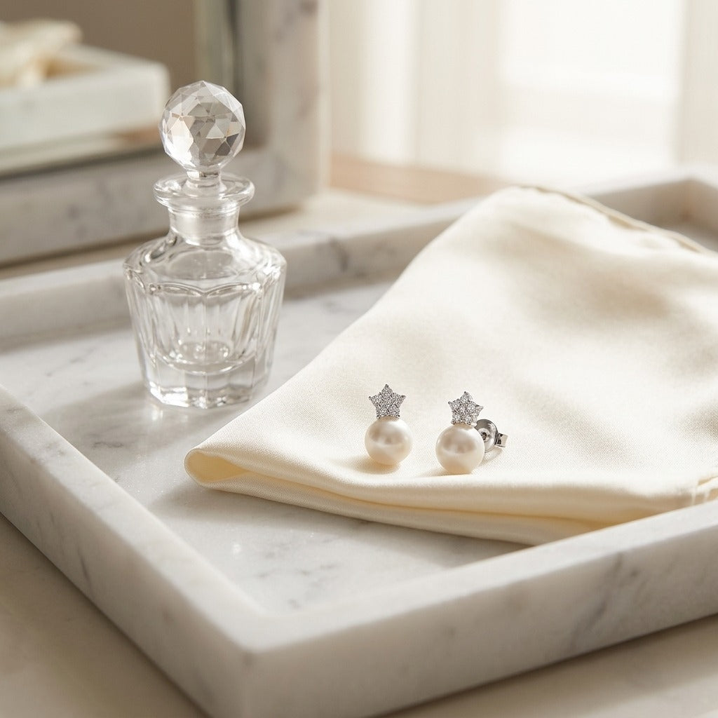 White Pearl & Diamond Earrings with Star Pave Post in 14K White Gold - lifestyle